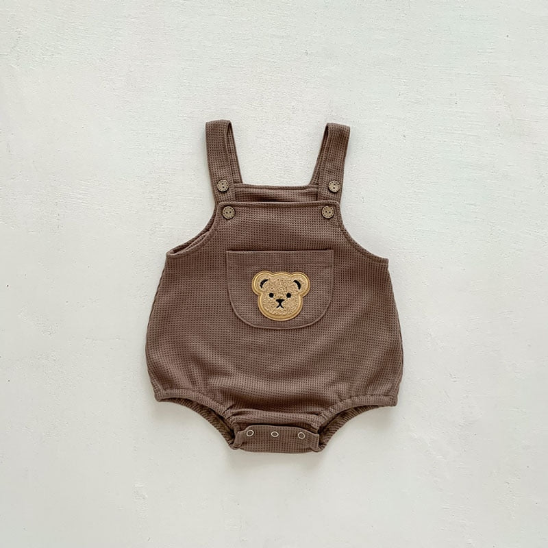 Bear Suspender Romper Brown