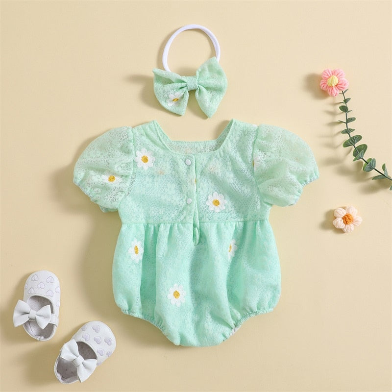 Daisy puff sleeve Romper Green