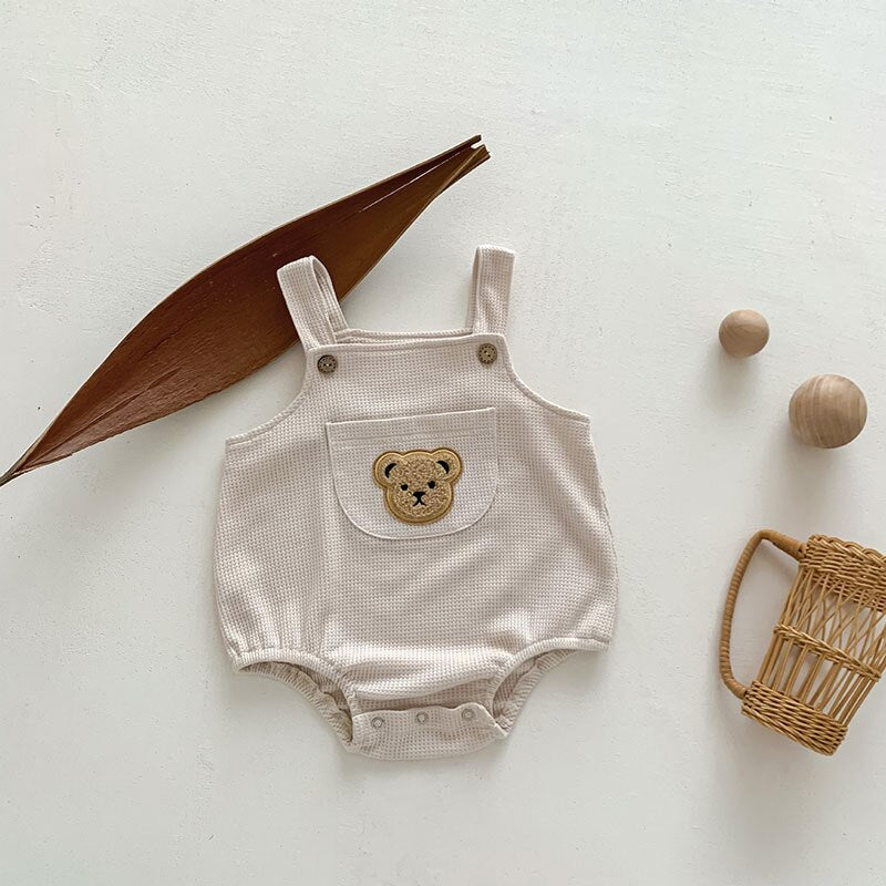 Bear Suspender Romper Beige