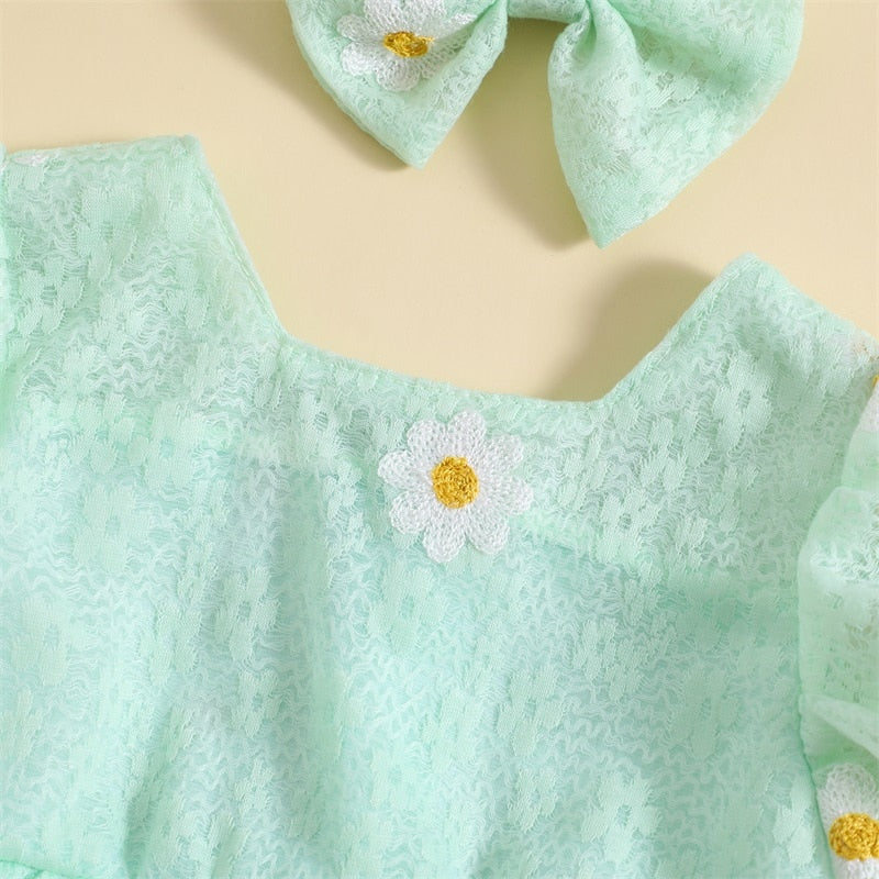 Daisy puff sleeve Romper Green