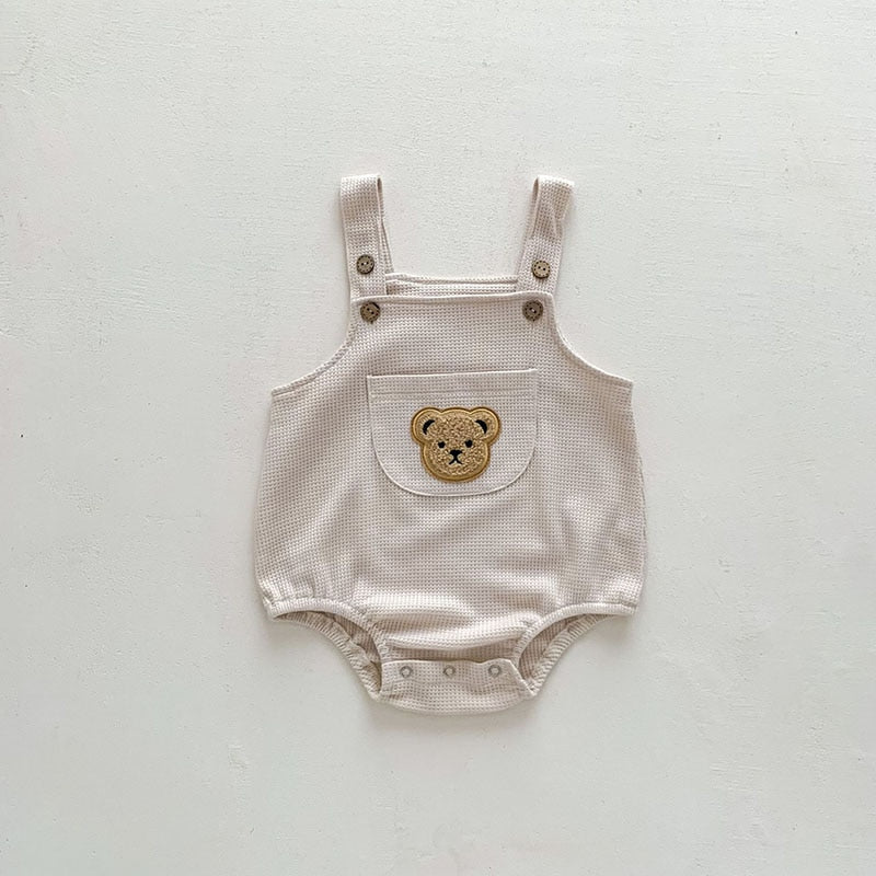 Bear Suspender Romper Beige