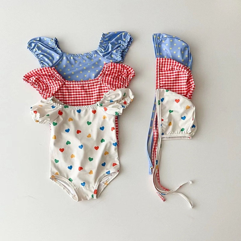 Retro puff sleeve dots swimsuit