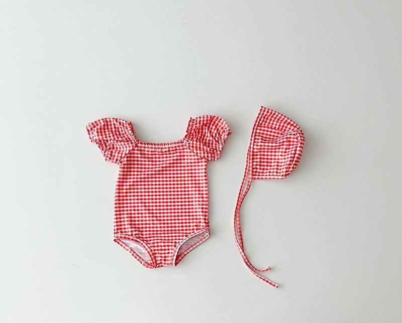 Retro Puff sleeve Gingham Swimsuit