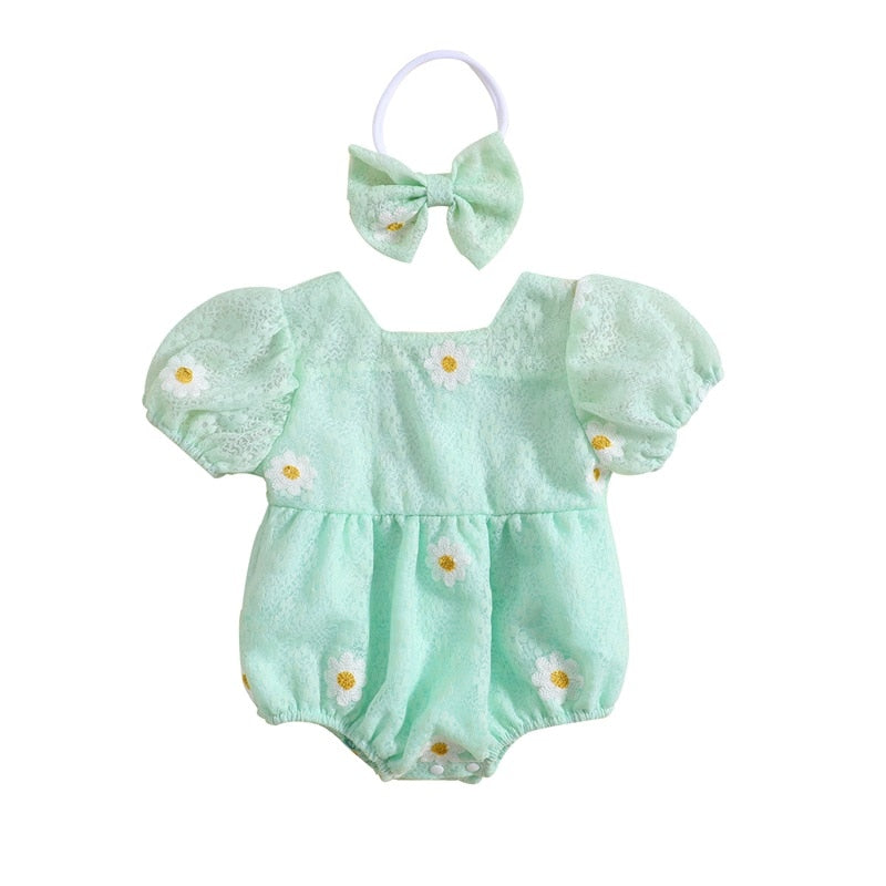 Daisy puff sleeve Romper Green