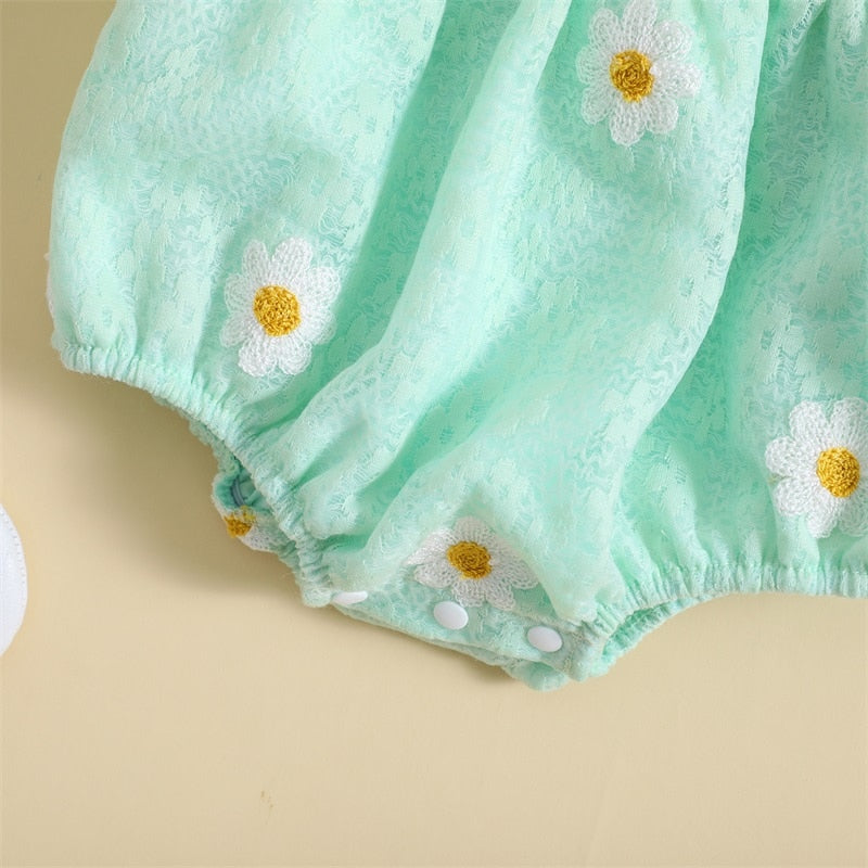 Daisy puff sleeve Romper Green
