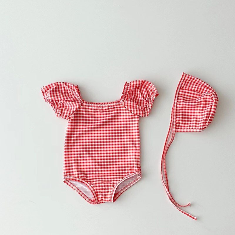 Retro Puff sleeve Gingham Swimsuit
