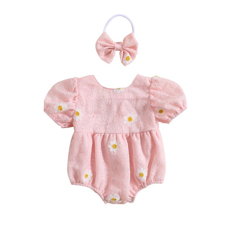 Daisy puff sleeve Romper Pink