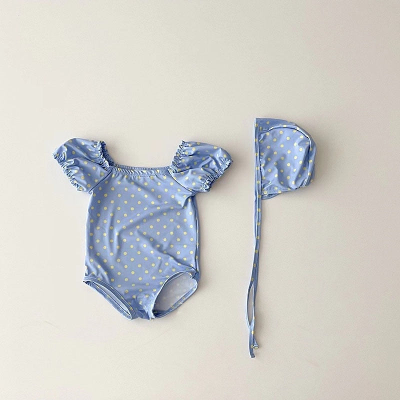 Retro puff sleeve dots swimsuit