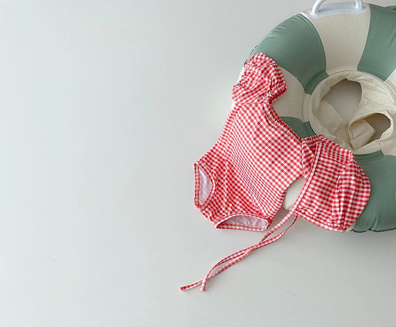 Retro puff sleeve dots swimsuit