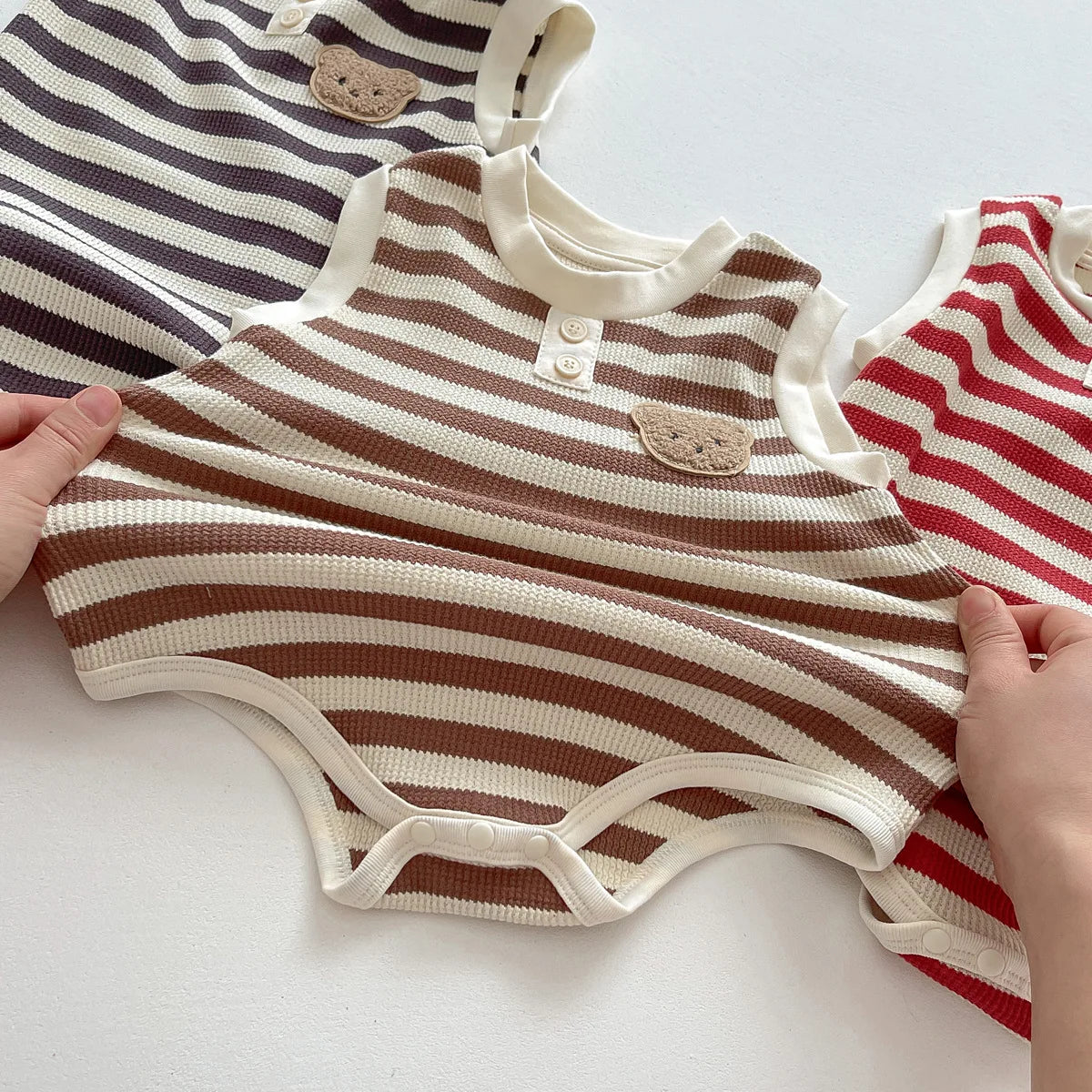 Bear Striped Romper Brown