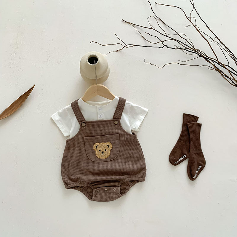 Bear Suspender Romper Brown