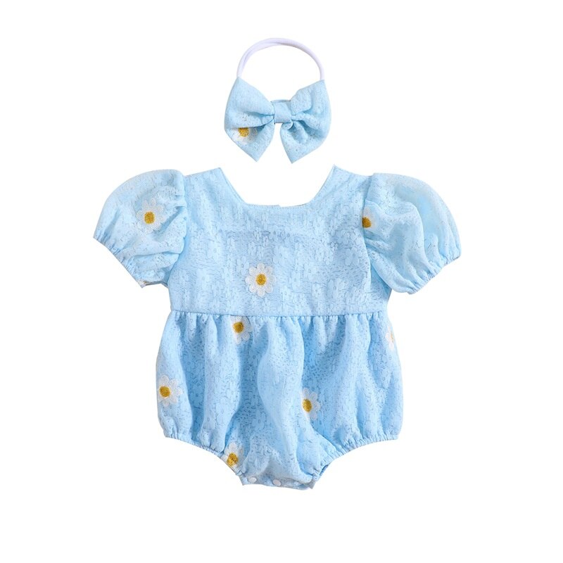 Daisy puff sleeve Romper Blue