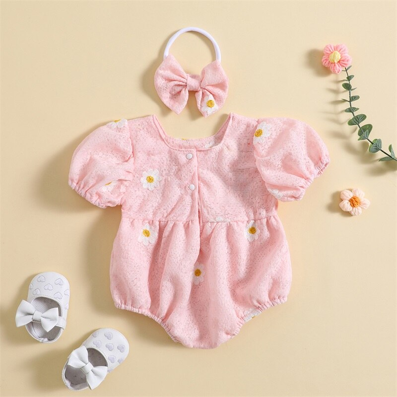 Daisy puff sleeve Romper Pink