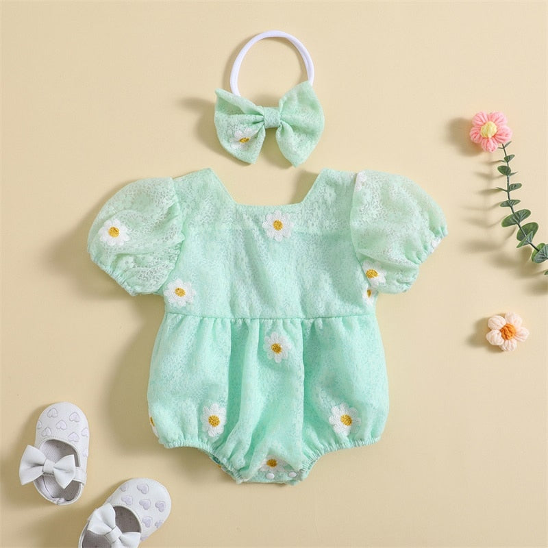 Daisy puff sleeve Romper Green