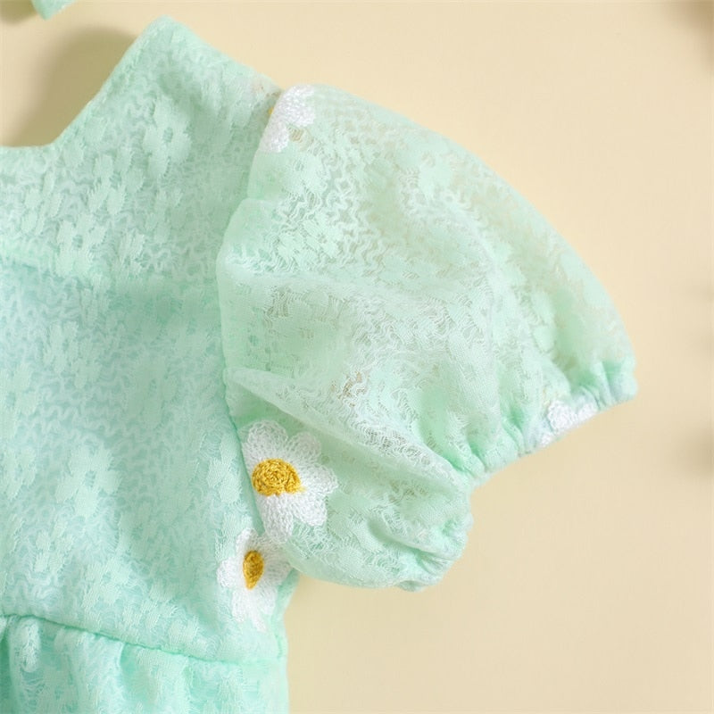 Daisy puff sleeve Romper Green