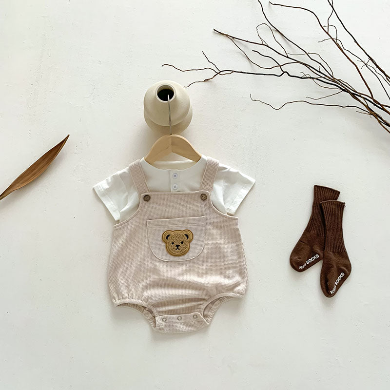Bear Suspender Romper Beige