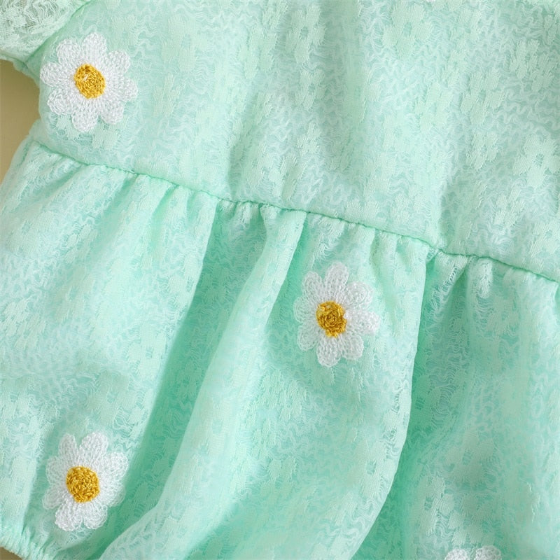 Daisy puff sleeve Romper Green