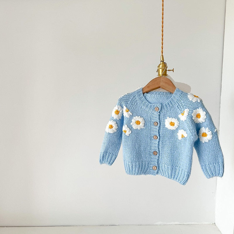Daisy Embroidery Cardigan Sky