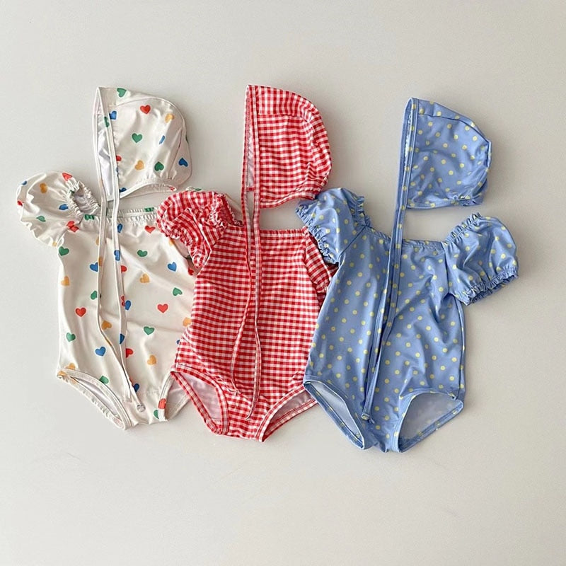 Retro puff sleeve dots swimsuit