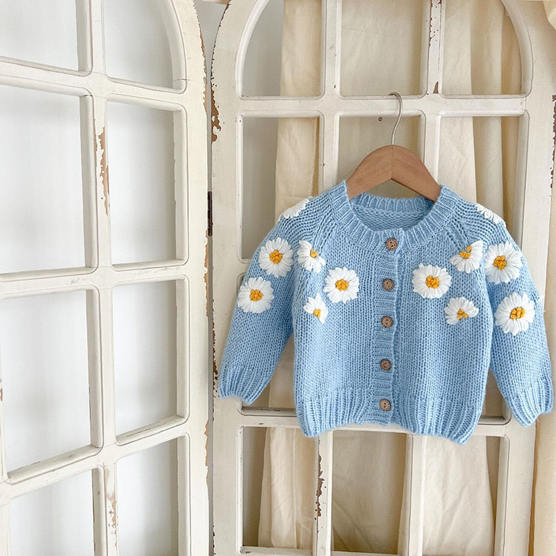 Daisy Embroidery Cardigan Sky