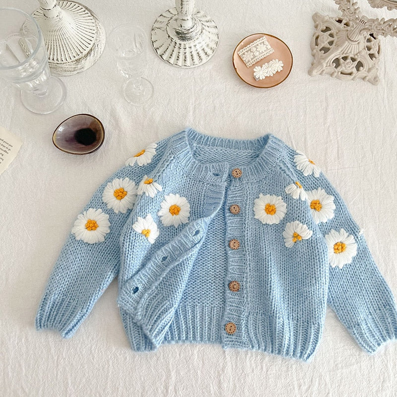 Daisy Embroidery Cardigan Sky