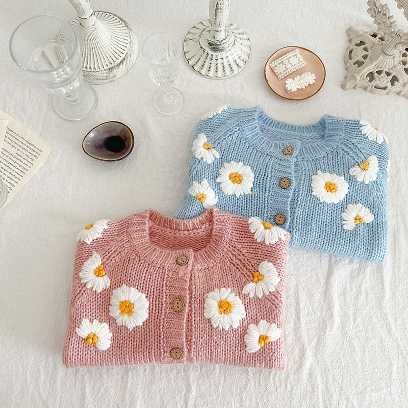 Daisy Embroidery Cardigan Sky
