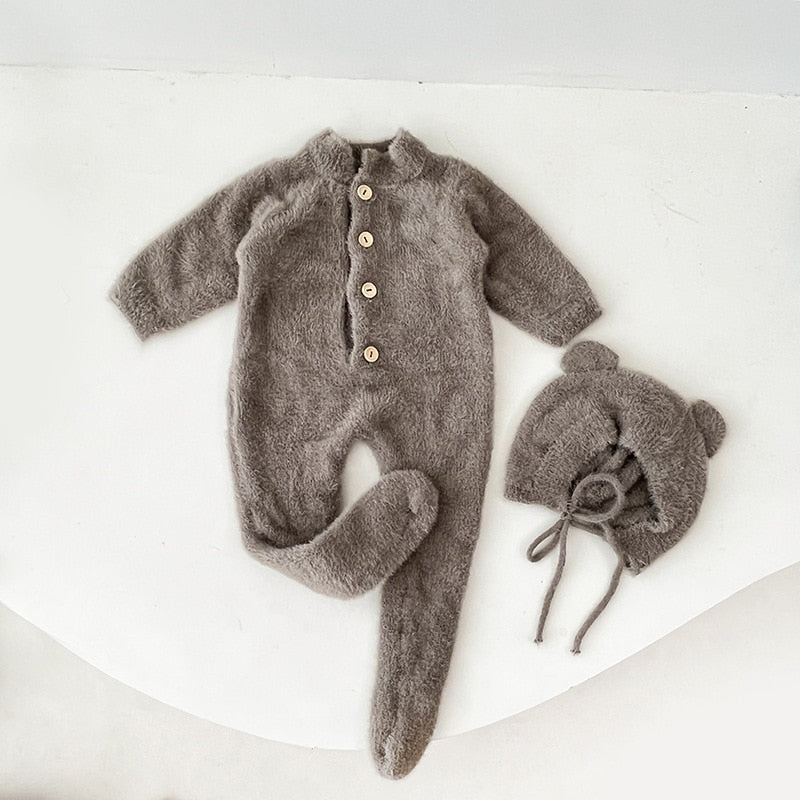 Bear Fluffy Jumpsuit and Hat Dark Grey