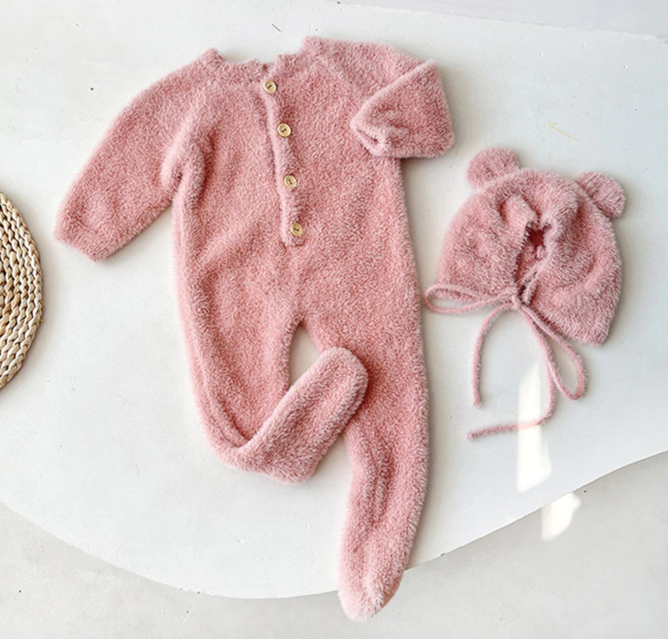 Bear Fluffy Jumpsuit and Hat Pink