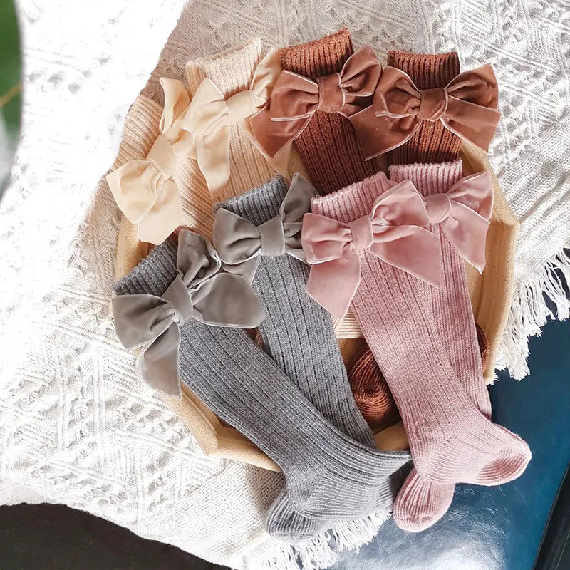 Velvet Bow High Knee Socks