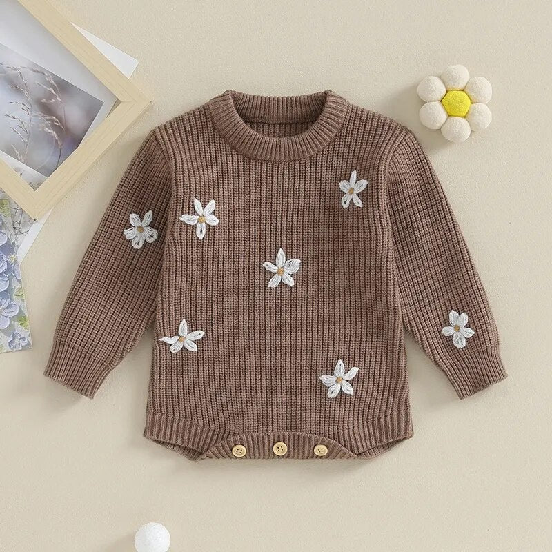 White flowers knitted romper Chocolate