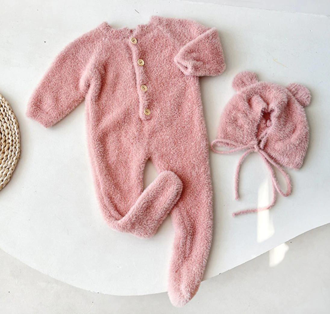 Bear Fluffy Jumpsuit and Hat