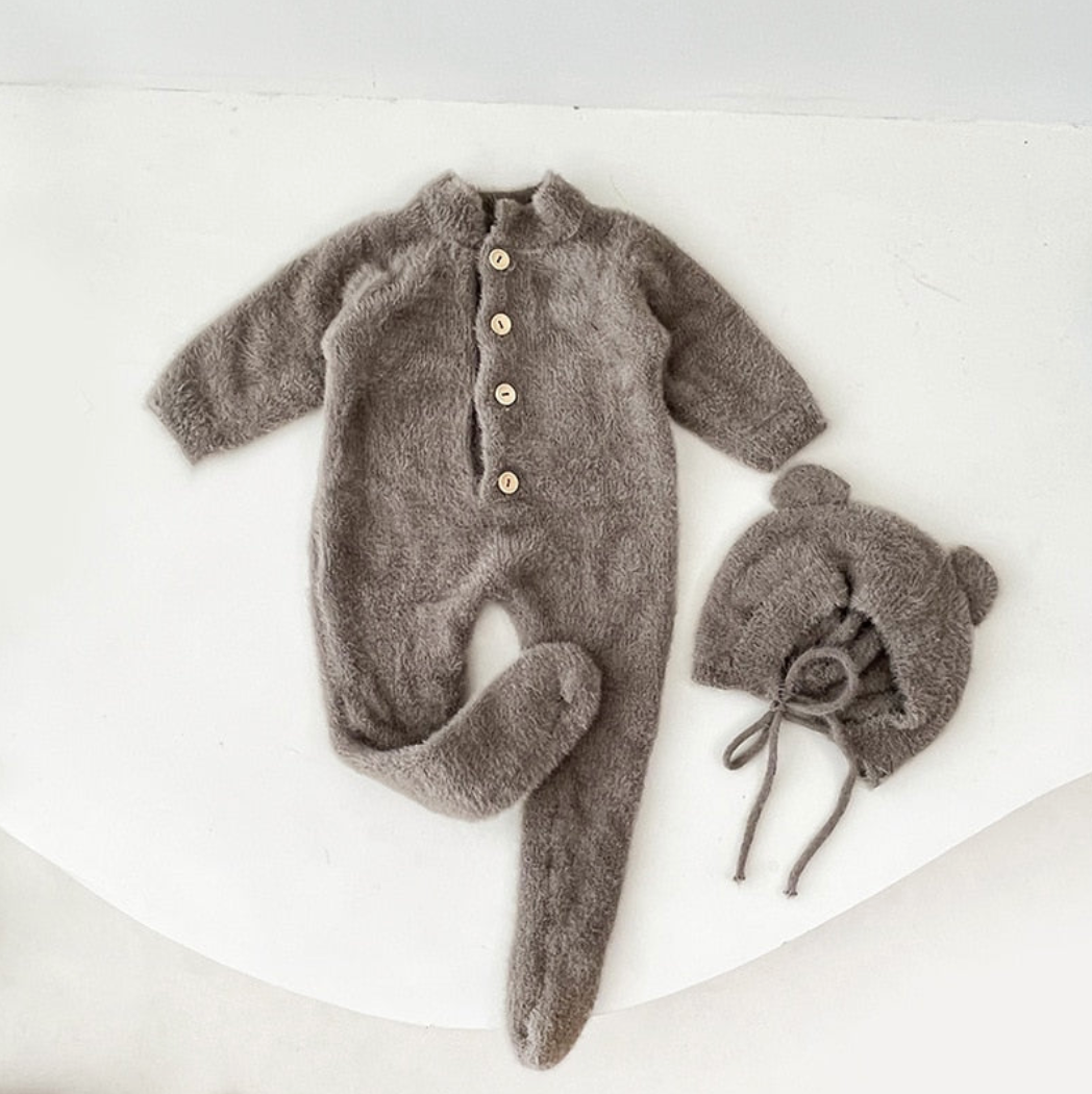 Bear Fluffy Jumpsuit and Hat