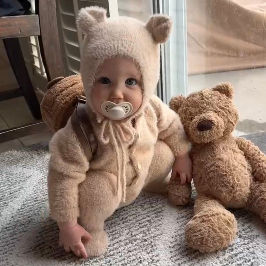 Bear Fluffy Jumpsuit and Hat Beige