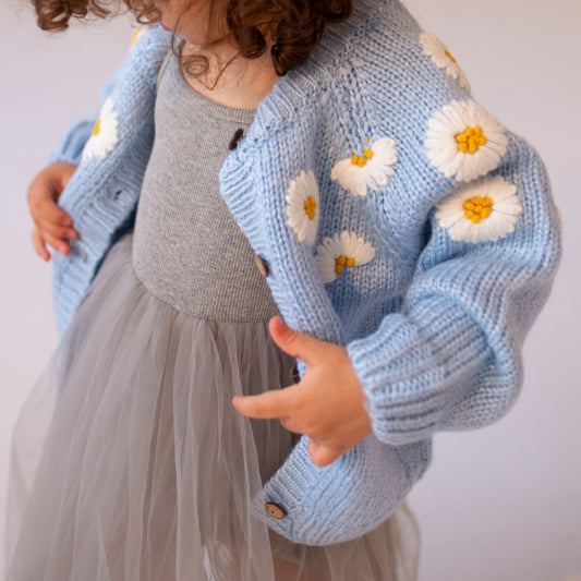 Daisy Embroidery Cardigan Sky
