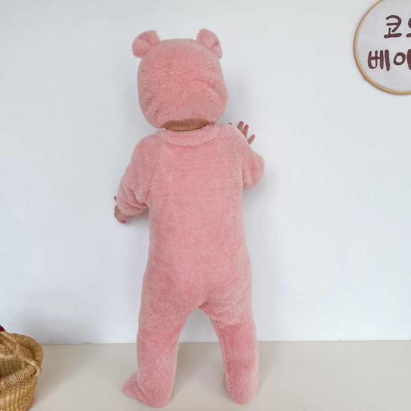 Bear Fluffy Jumpsuit and Hat Pink
