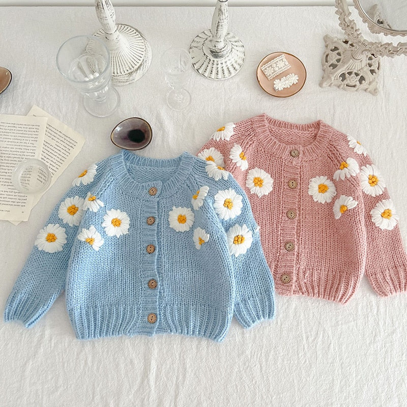 Daisy Embroidery Cardigan Sky